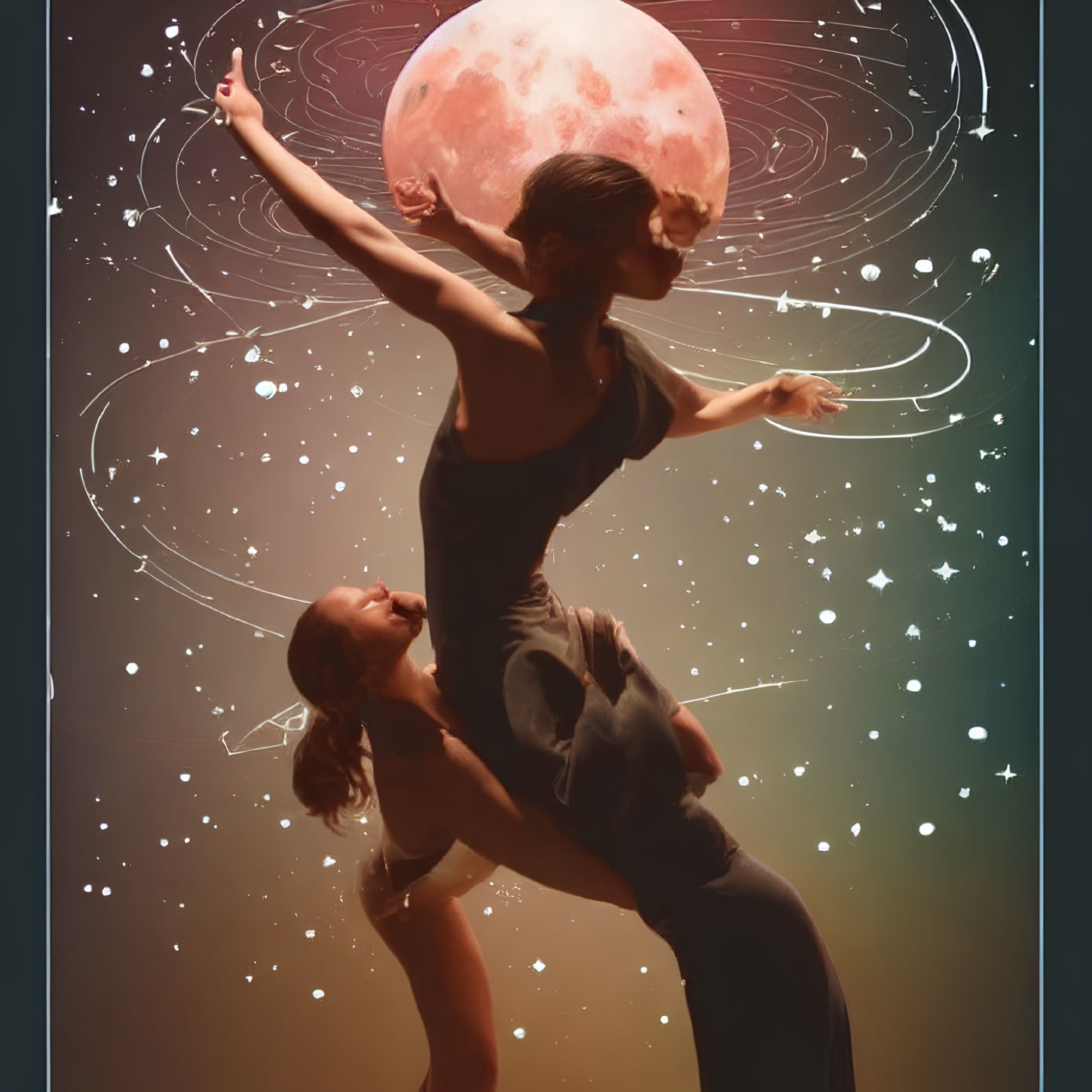 Cosmic backdrop with two dancers in celestial theme