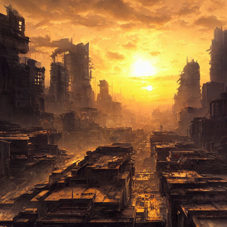 Ruined post-apocalyptic cityscape at sunset with hazy orange sky