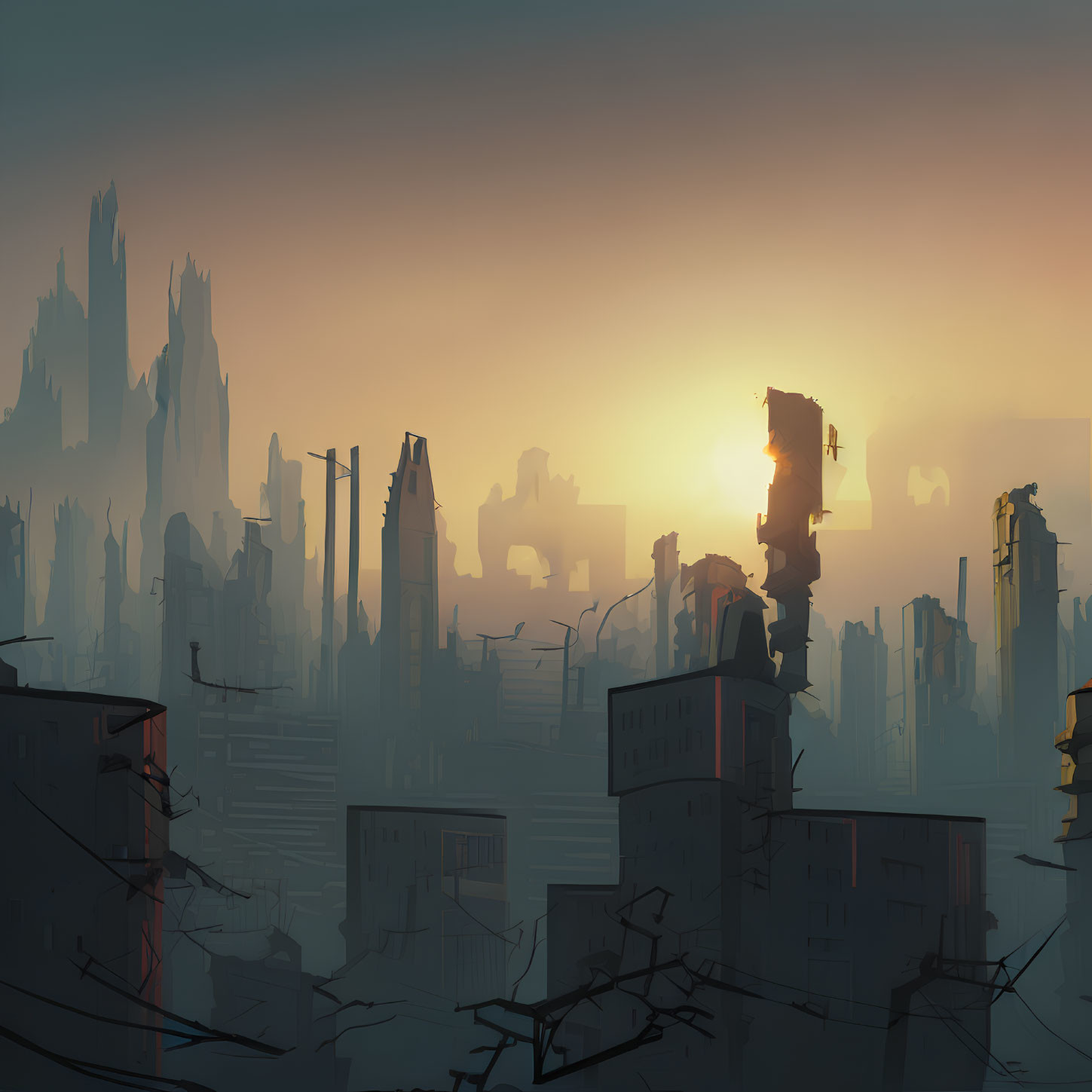 Post-Apocalyptic Cityscape at Sunrise with Ruined Buildings