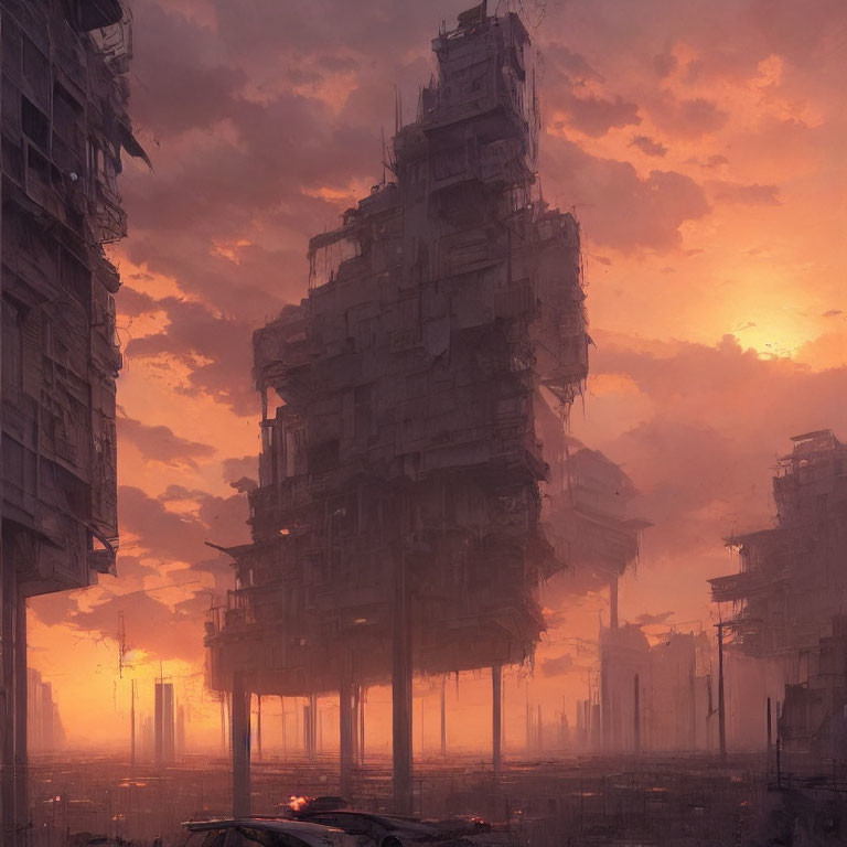 Dystopian cityscape at sunset with towering, dilapidated buildings