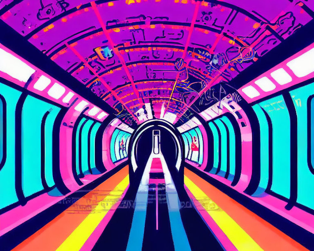 Colorful futuristic tunnel with neon lights and patterns.