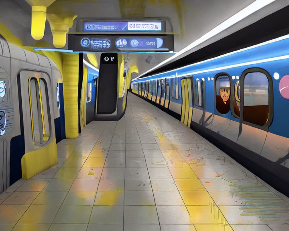 Futuristic subway station with sleek trains and digital signs