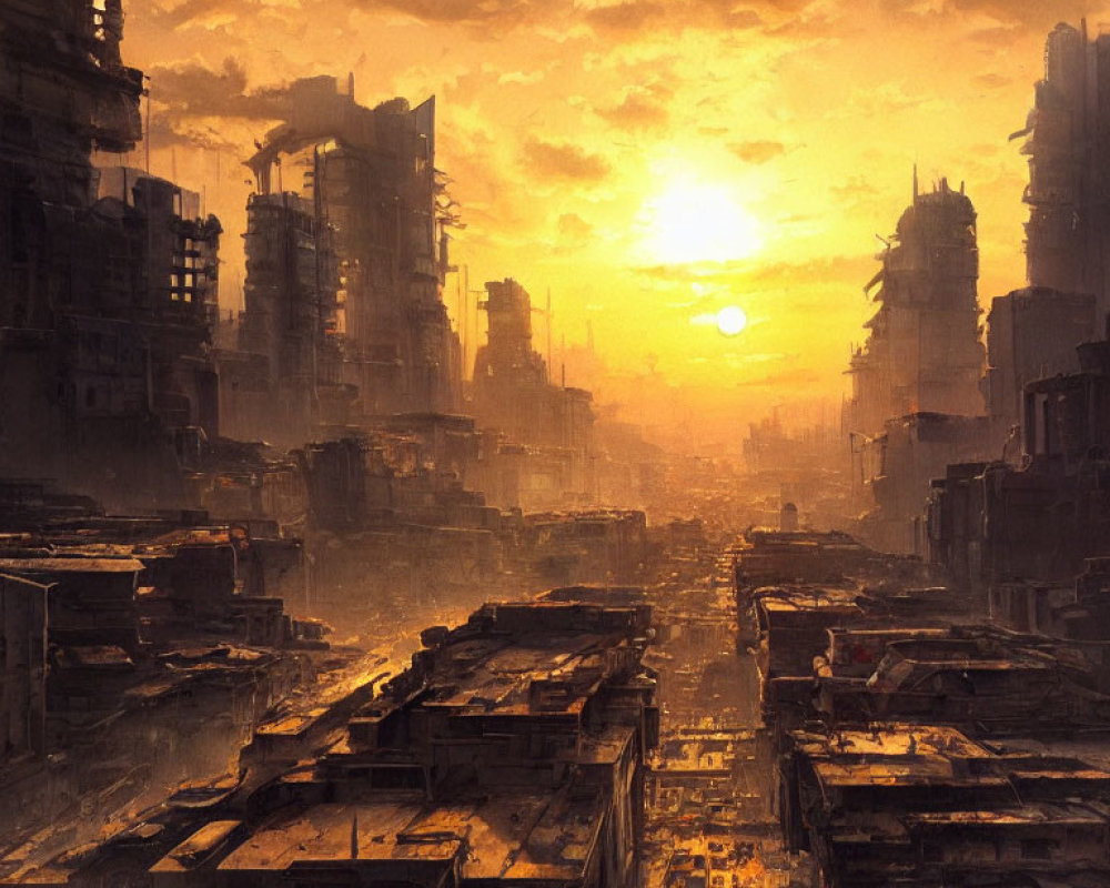 Ruined post-apocalyptic cityscape at sunset with hazy orange sky