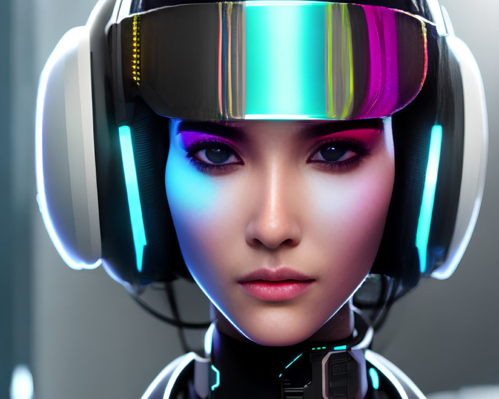 Futuristic female with purple eyes in tech-enhanced helmet