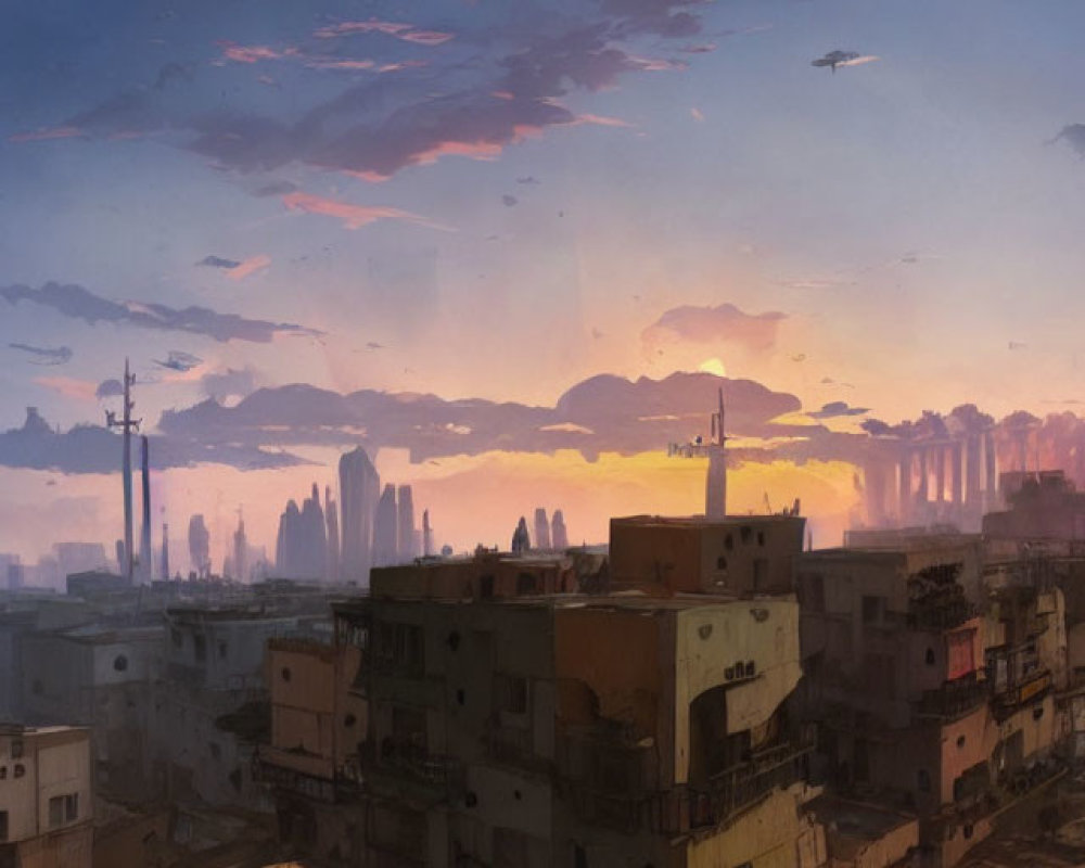 Dystopian cityscape at sunset with dilapidated and futuristic buildings under cloudy sky