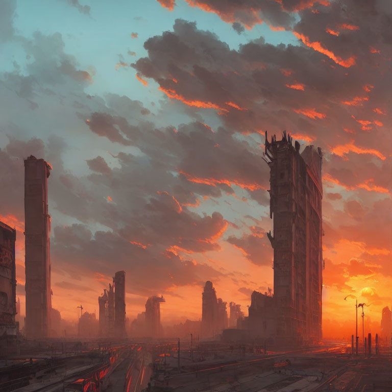 Post-apocalyptic cityscape at sunset with dilapidated buildings under dramatic cloudy sky