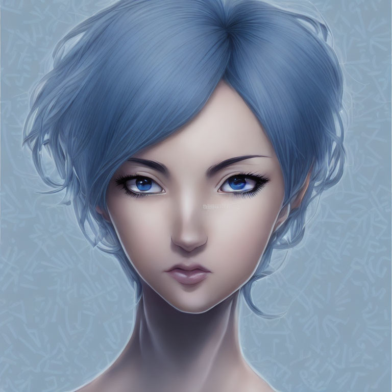 Female Figure with Blue Eyes and Short Blue Hair on Patterned Background