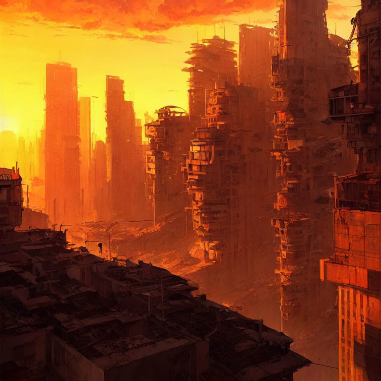 Dystopian cityscape with crumbling high-rise buildings