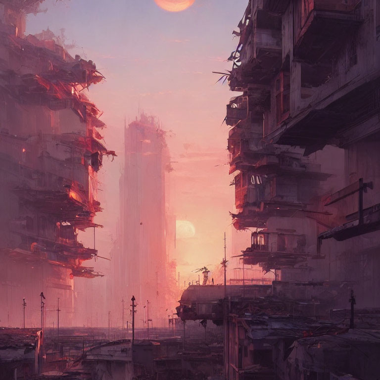 Dystopian cityscape at sunset with dilapidated high-rises under hazy sky