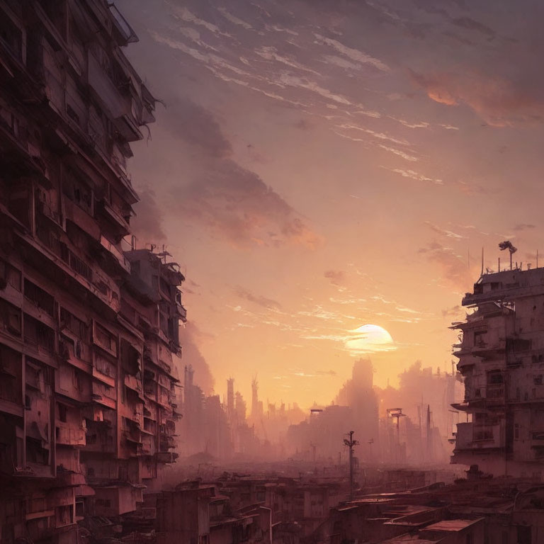 Dystopian sunrise over dilapidated high-rise buildings