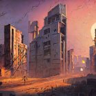 Dystopian cityscape at sunset with towering, dilapidated buildings
