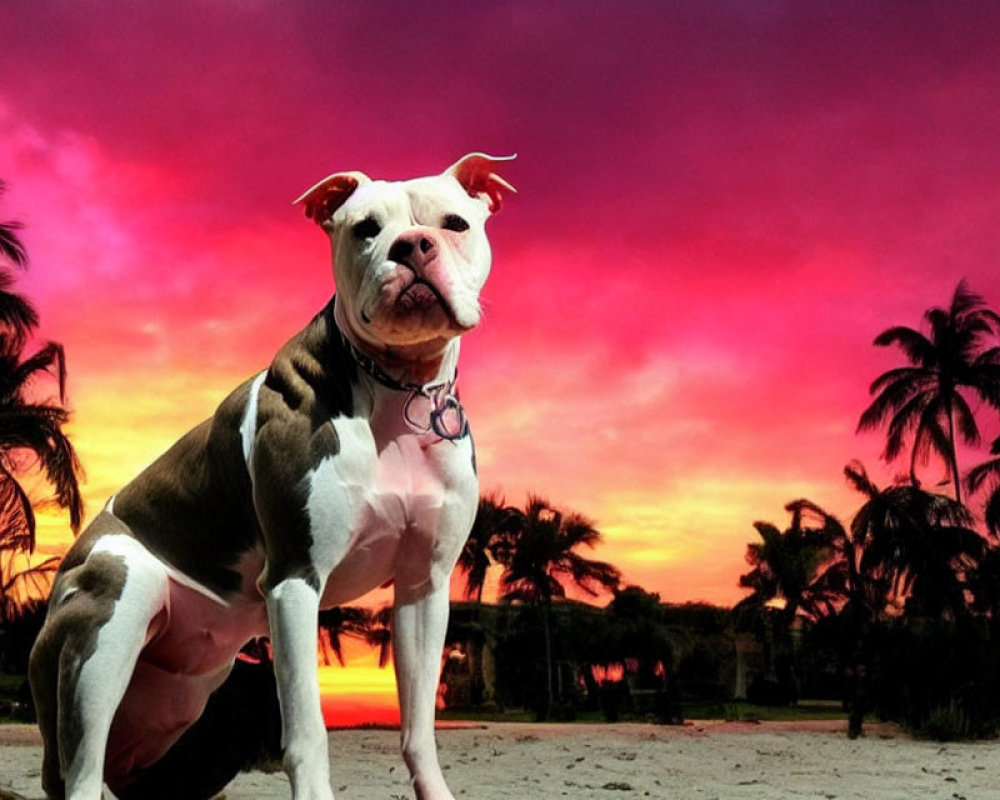 White and Brown Bulldog on Sunset Beach with Pink and Orange Skies