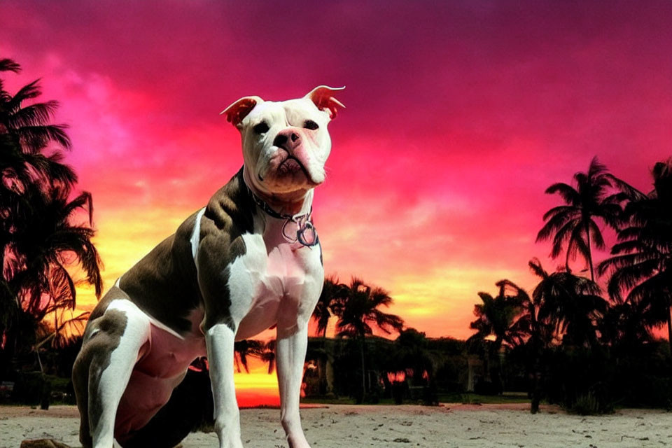 White and Brown Bulldog on Sunset Beach with Pink and Orange Skies