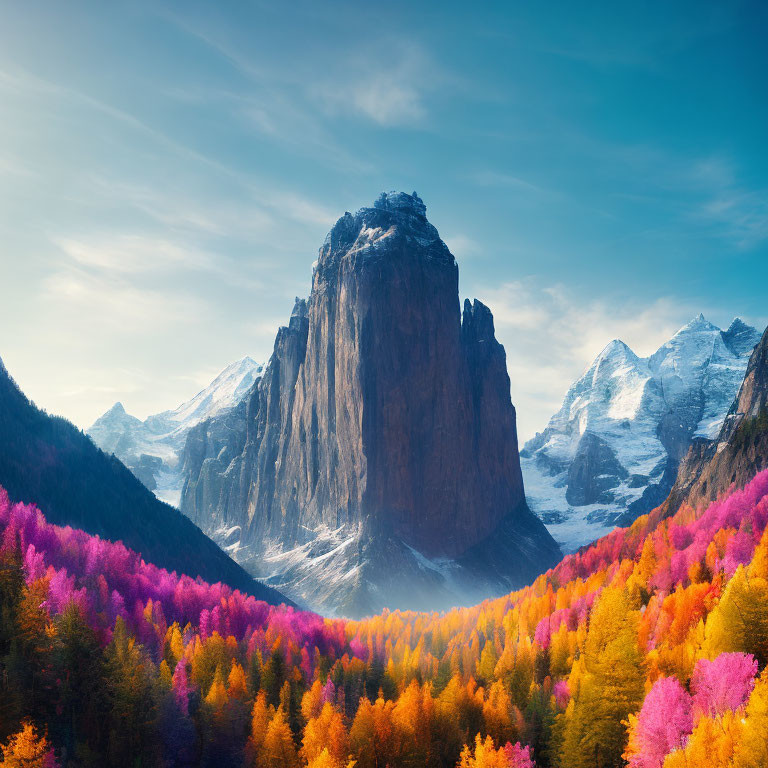 Colorful Autumn Landscape with Towering Mountain Peak