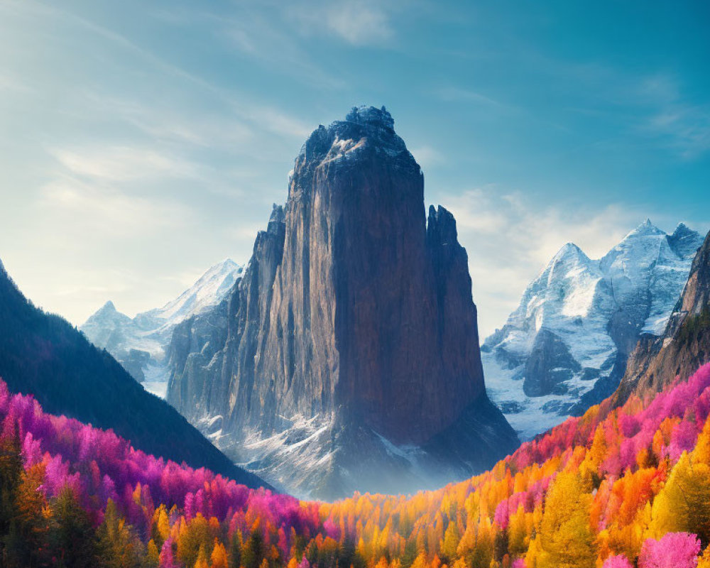 Colorful Autumn Landscape with Towering Mountain Peak