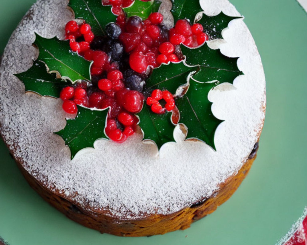 Festive fruitcake with holly leaves and berries on green plate
