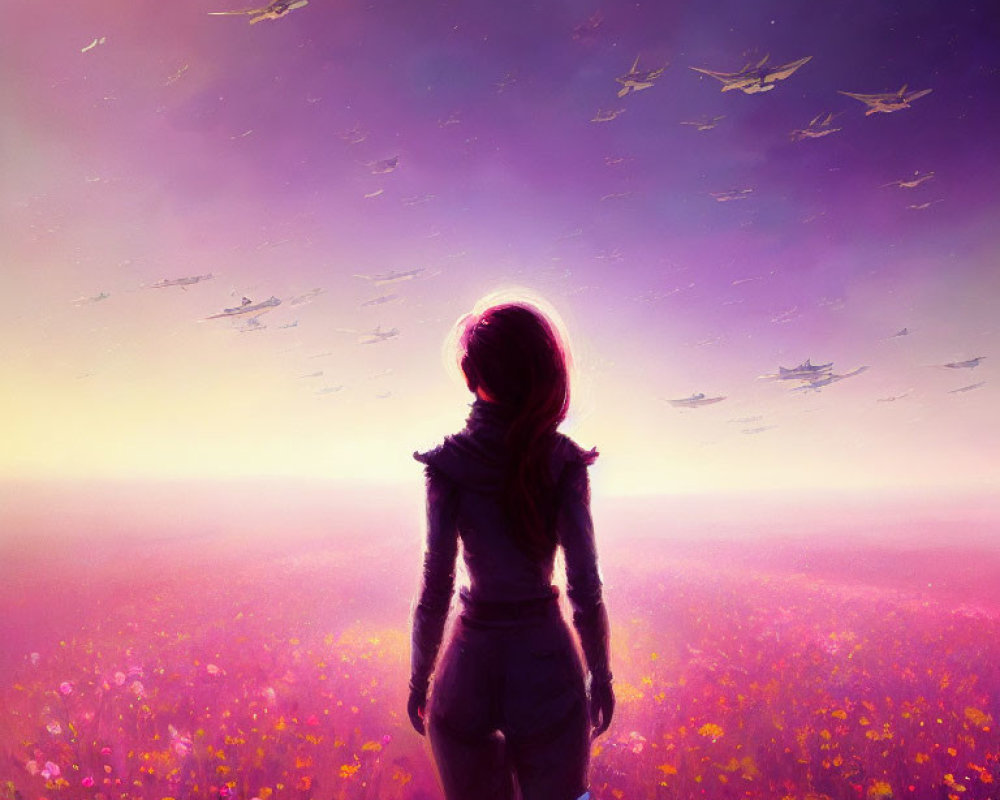 Person in Vibrant Flower Field at Dusk with Starry Sky and Paper Planes