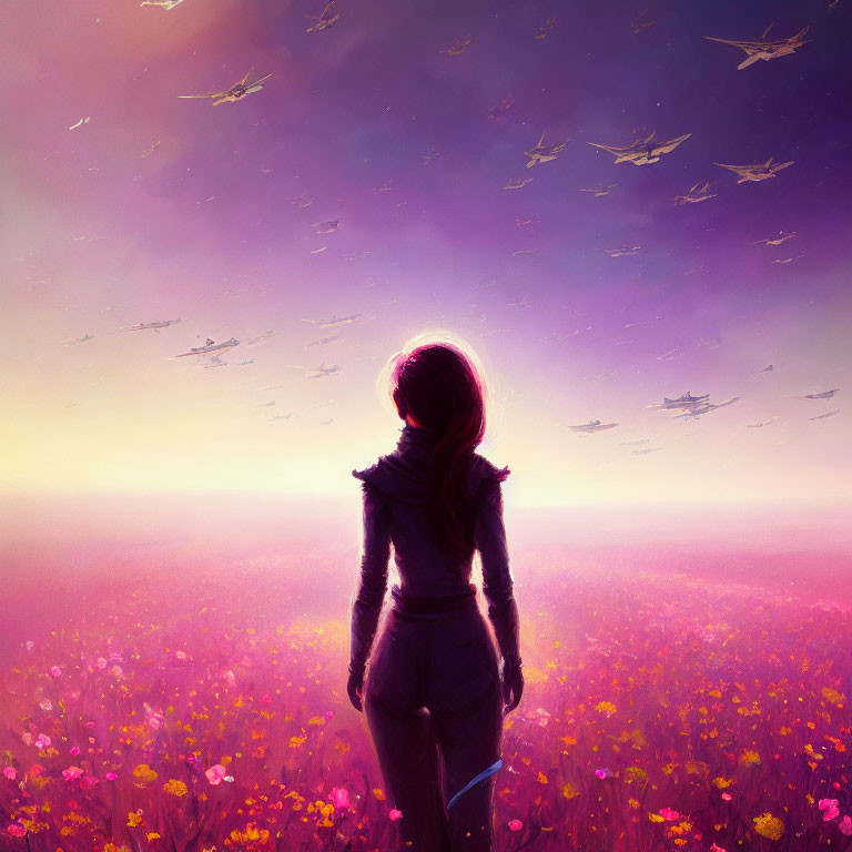 Person in Vibrant Flower Field at Dusk with Starry Sky and Paper Planes