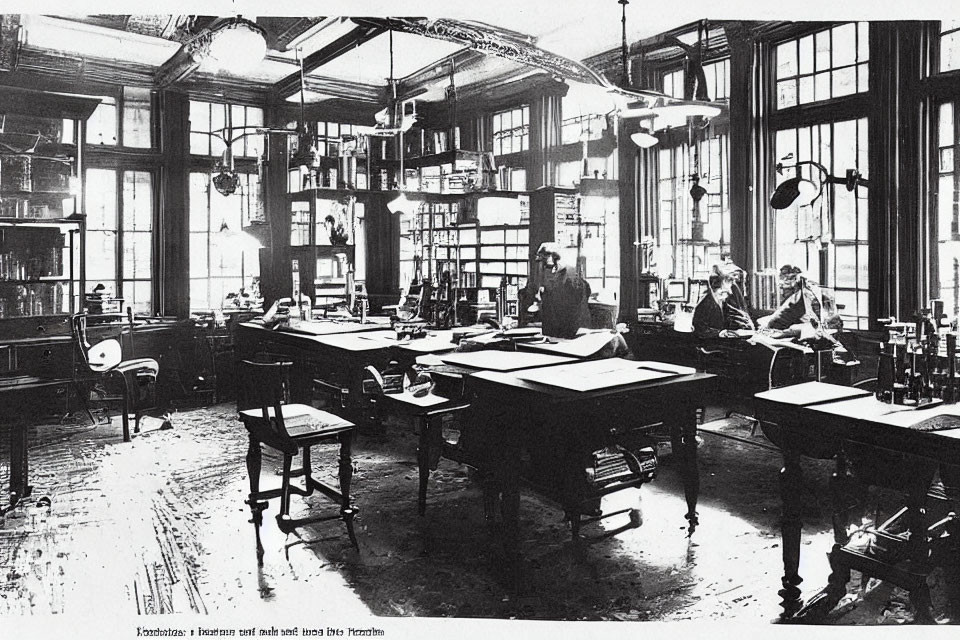 Vintage Black and White Photo of People Working at Drafting Tables in Industrial Interior