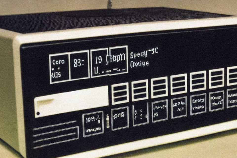 Retro electronic device with display, buttons, and text labels