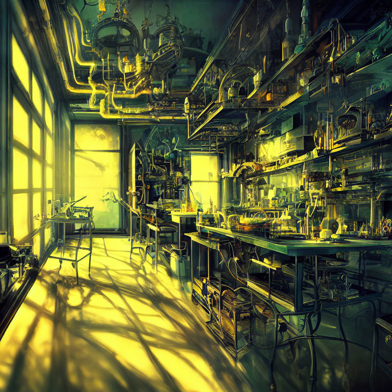 Intricate Steampunk-style laboratory with brass pipes and gears