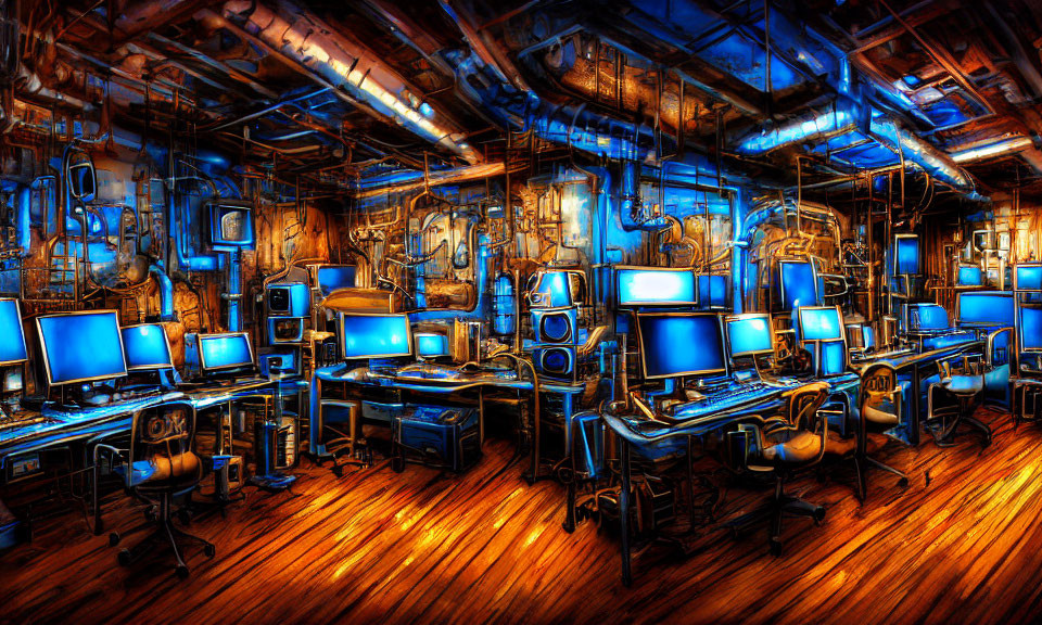 High-tech control room with glowing blue screens in industrial setting