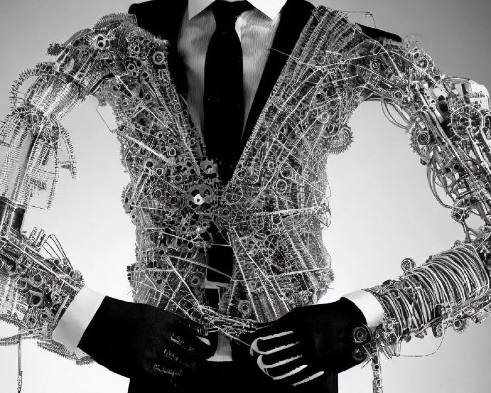 Intricate mechanical torso with gears, suit, tie, and gloves