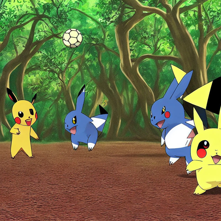 Electric and Water-type Pokémon playing soccer in forest setting