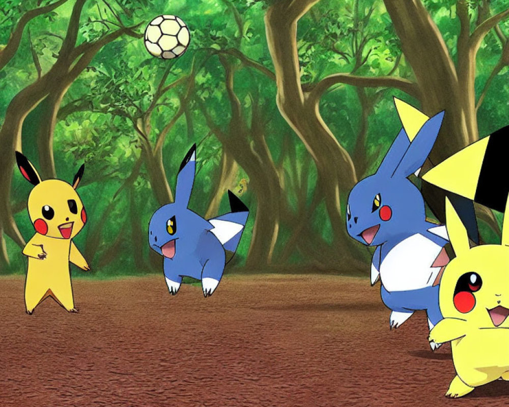Electric and Water-type Pokémon playing soccer in forest setting