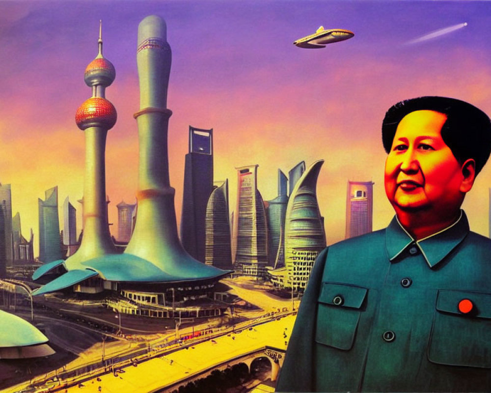 Surreal futuristic cityscape with flying cars and military figure