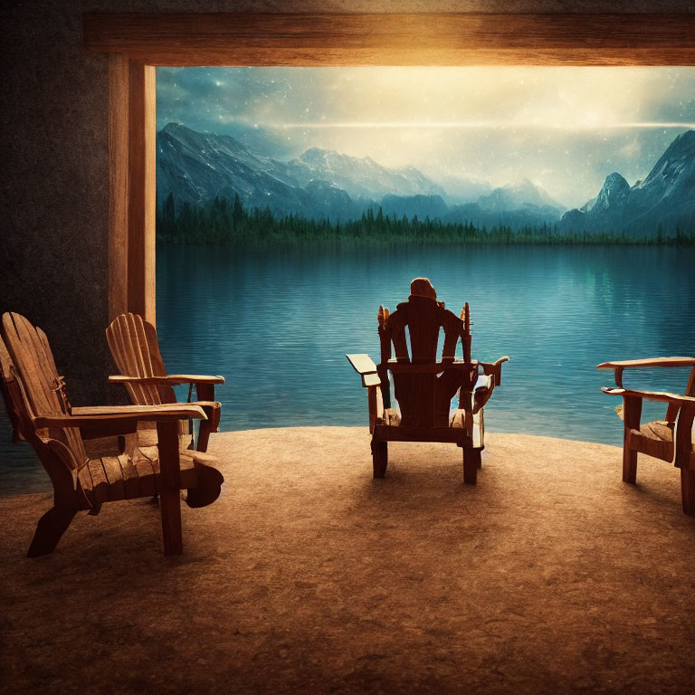 Tranquil lakeside dusk scene with mountains, wooden chairs, and a person relaxing
