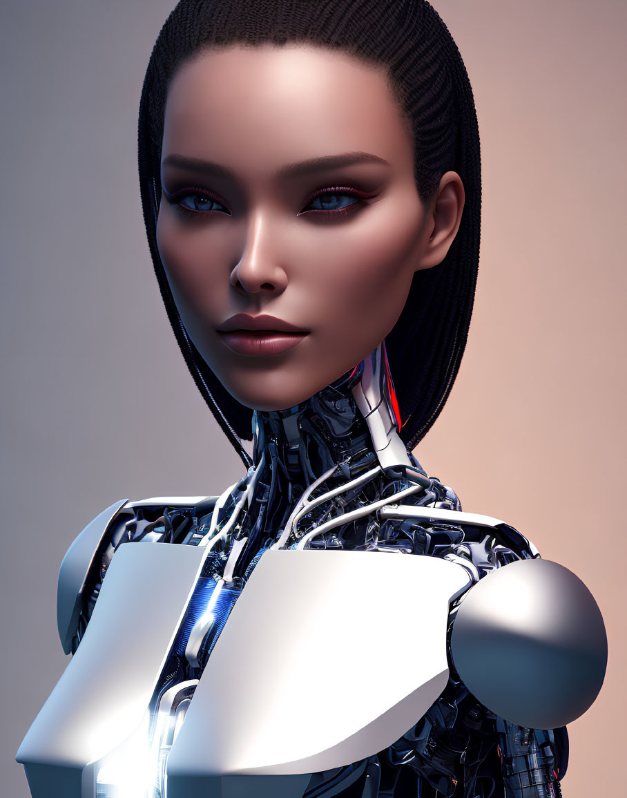 Detailed digital artwork of female android with mechanical neck and shoulders, smooth skin, full lips, and blue