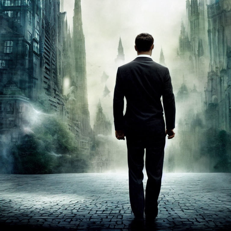Man in suit gazes at foggy Gothic cityscape