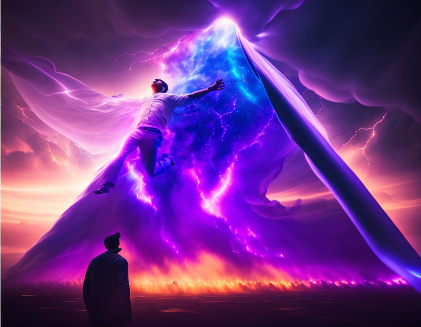 Two figures under cosmic energy cape in dramatic purple sky