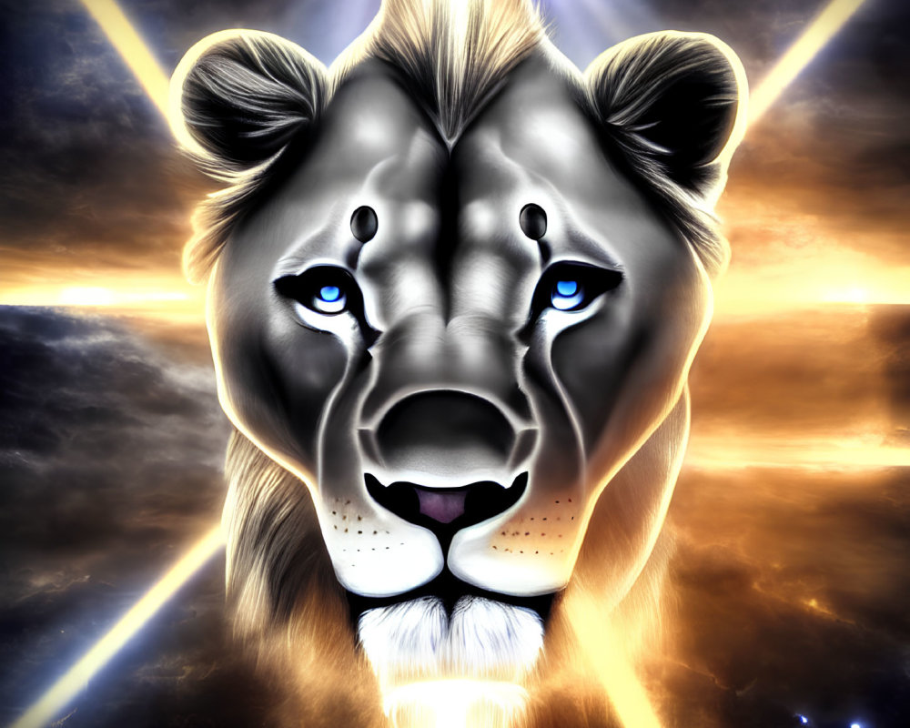 Digital illustration: Lion's face with blue eyes and radiant light rays.