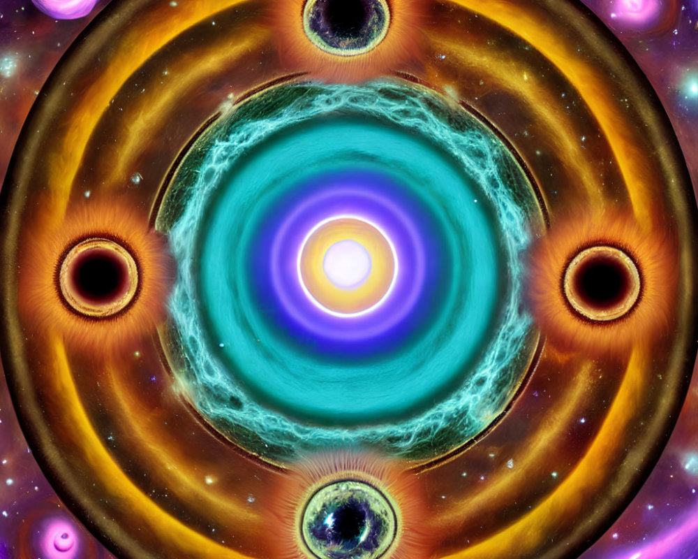 Colorful digital art: Bright light surrounded by eye-like rings in cosmic backdrop