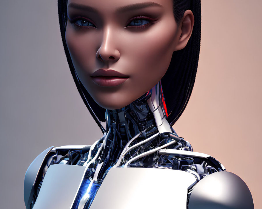 Detailed digital artwork of female android with mechanical neck and shoulders, smooth skin, full lips, and blue