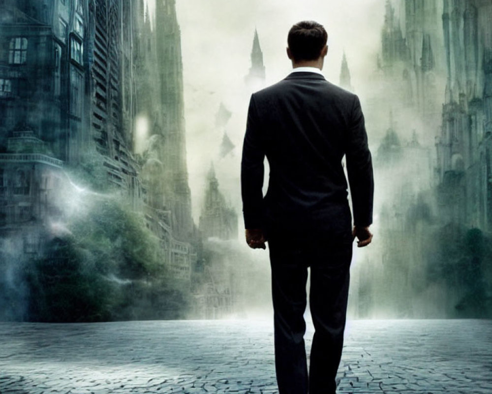 Man in suit gazes at foggy Gothic cityscape