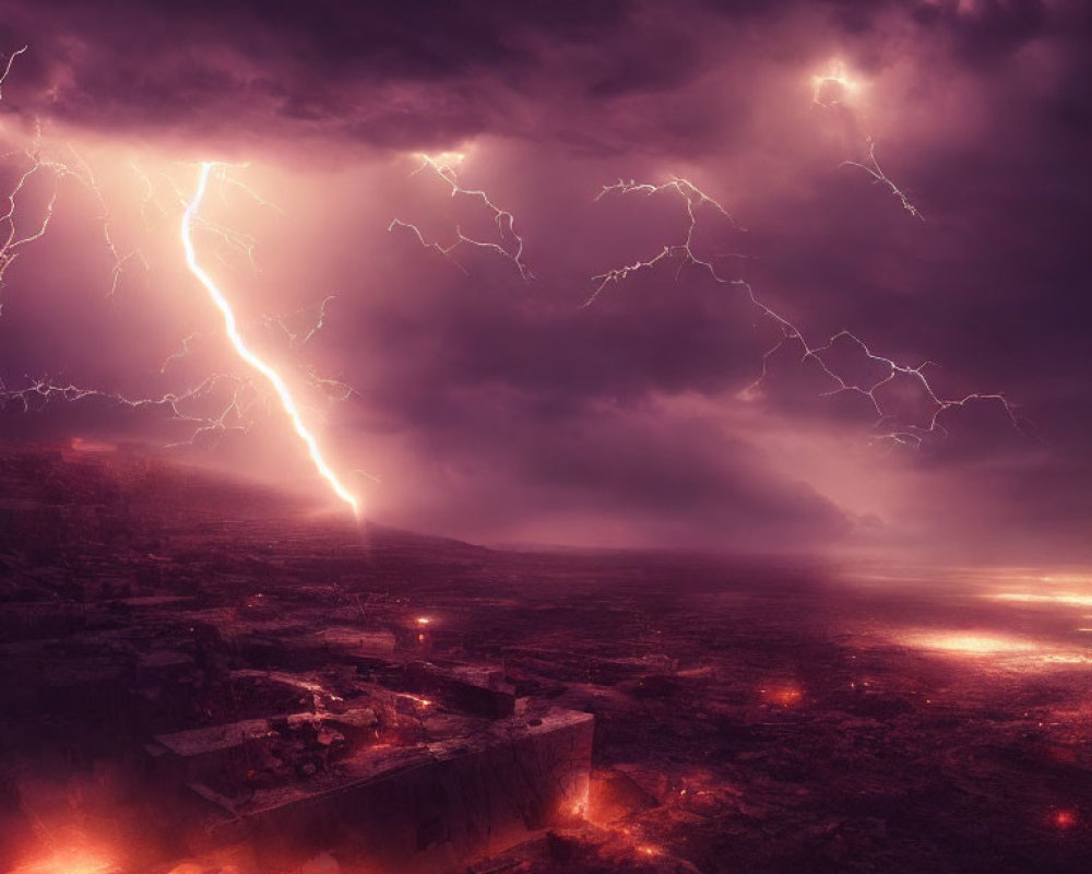 Apocalyptic landscape with purple skies, lightning strikes, ruins, and red fissures