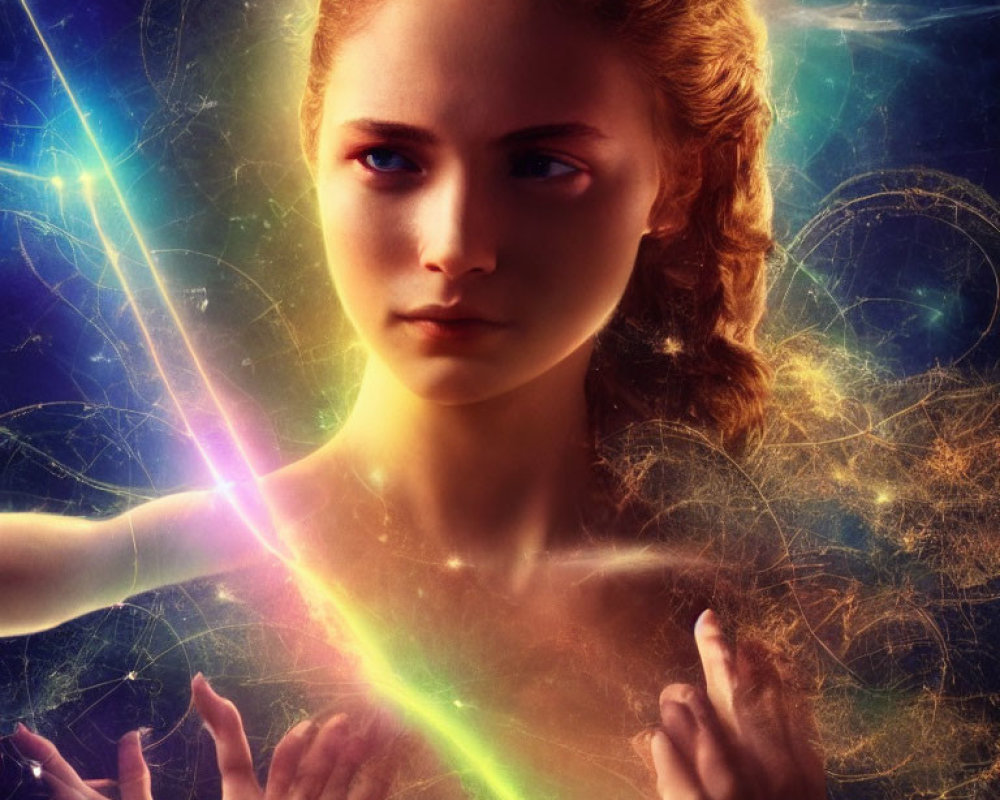 Serene woman surrounded by vibrant cosmic energy patterns