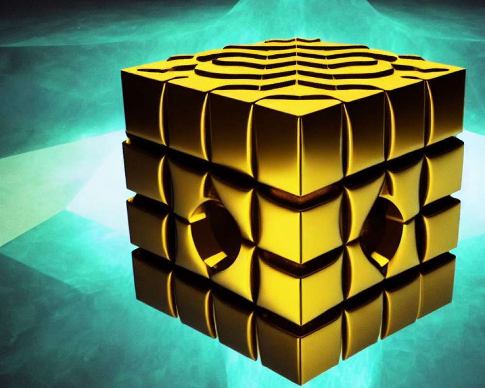 Intricate golden cube suspended over teal background