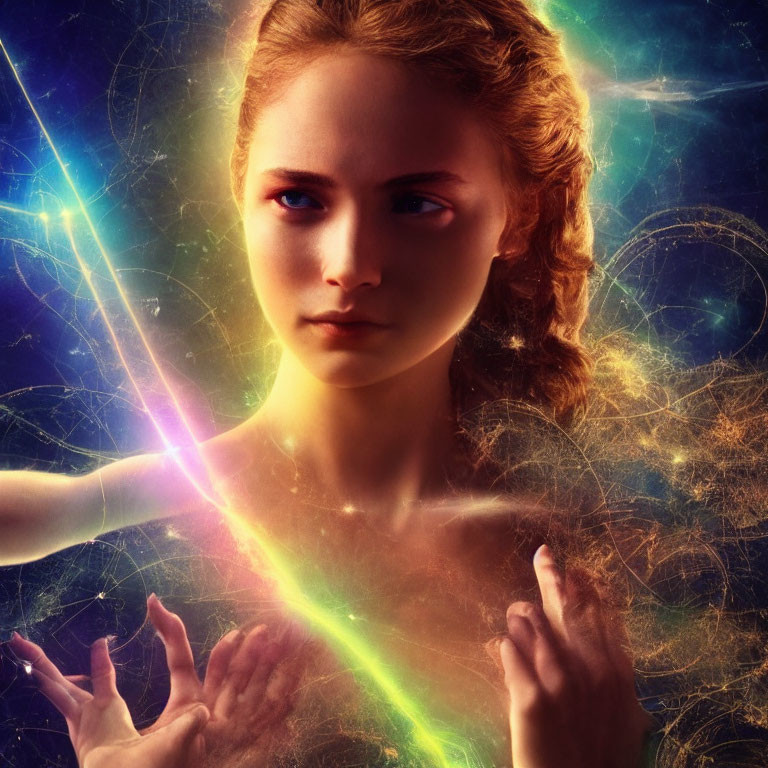 Serene woman surrounded by vibrant cosmic energy patterns