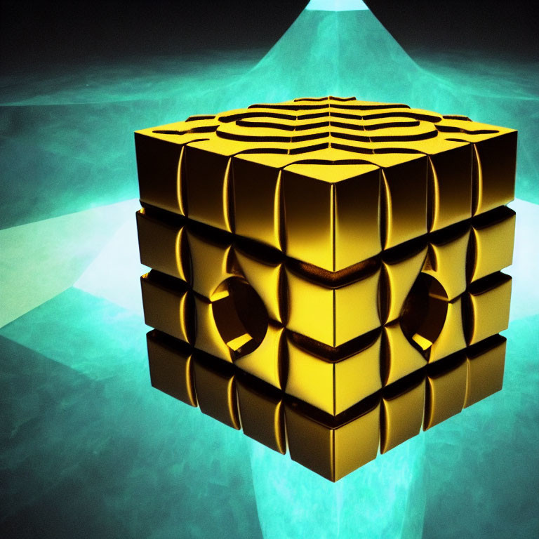 Intricate golden cube suspended over teal background