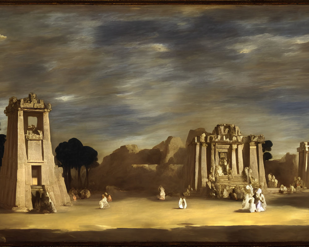 Classical ruins painting with figures in white robes under dramatic sky