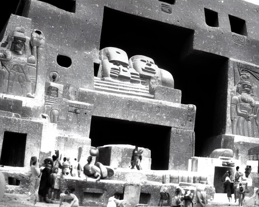 Monochrome image of detailed ancient Egyptian miniature building with hieroglyphs and statues.