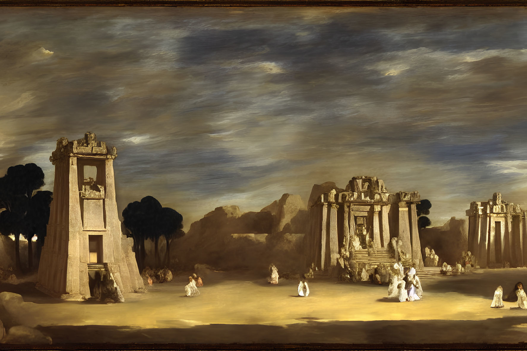 Classical ruins painting with figures in white robes under dramatic sky