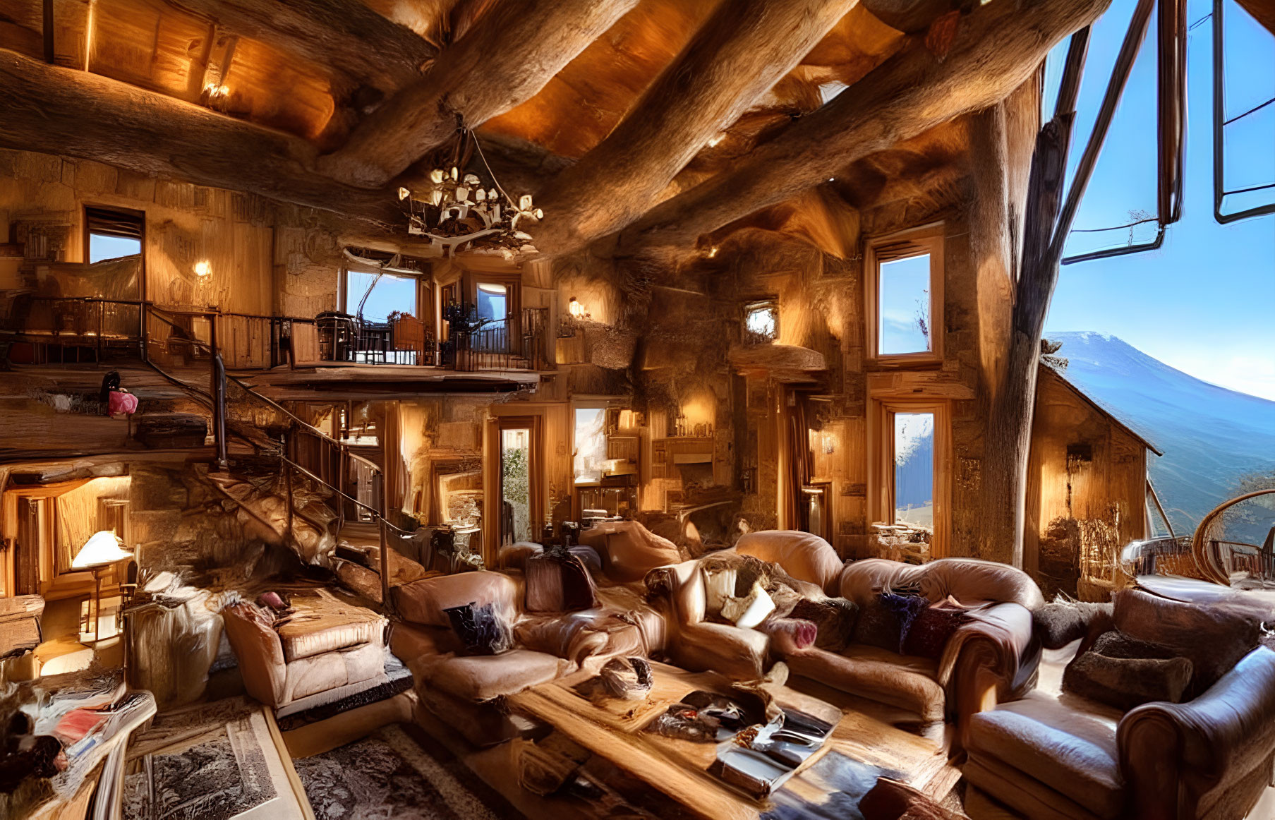 Rustic cabin interior with wooden beams, plush sofas, chandelier, staircase, and scenic view