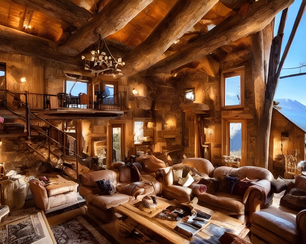 Rustic cabin interior with wooden beams, plush sofas, chandelier, staircase, and scenic view