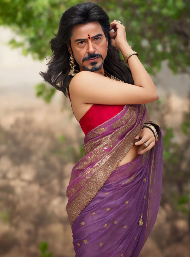 Bearded person in red blouse and purple sari posing in nature
