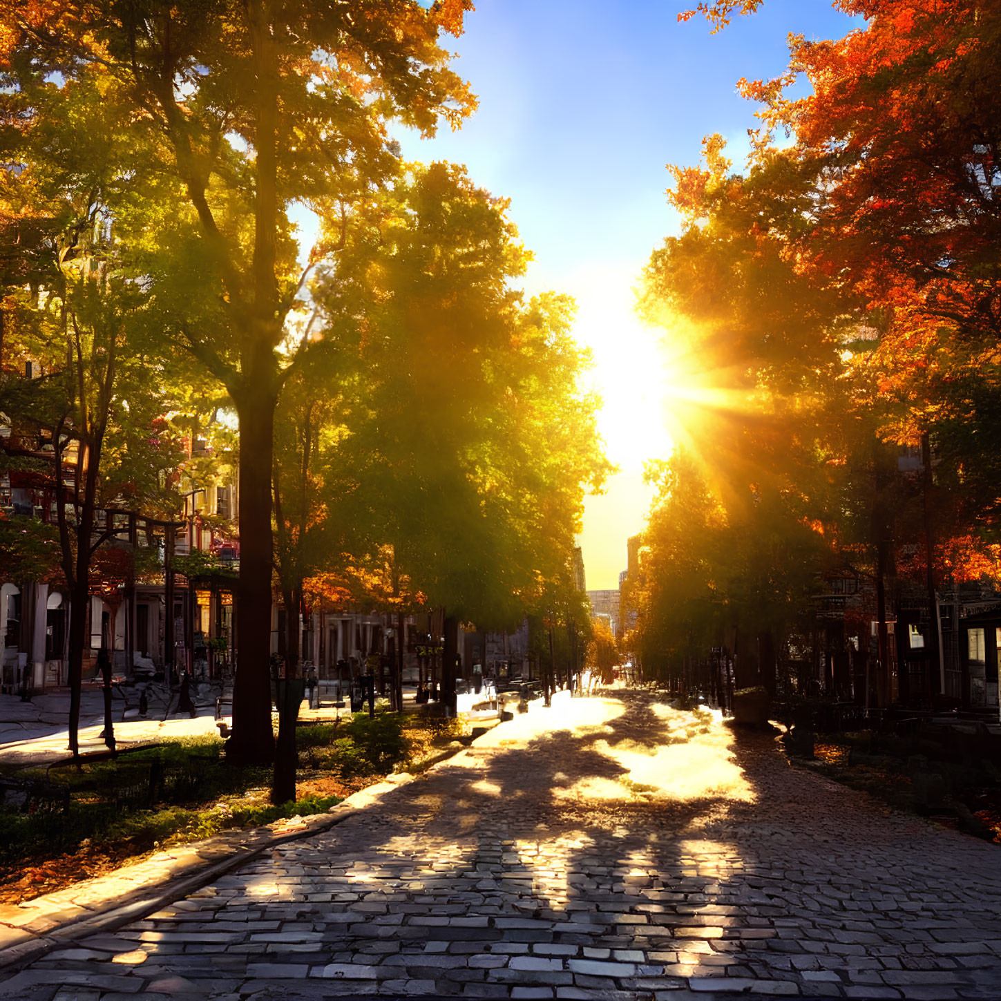 Scenic city street with tree-lined cobblestone path at sunset